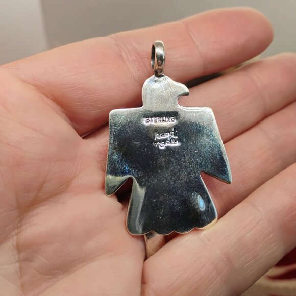 Southwestern Hand Stamped Sterling Silver Thunderbird Pendant Pink Conch Shell - Picture 5 of 7